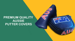 Leather and suede Australian Golf Putter covers on a Green & Gold Background