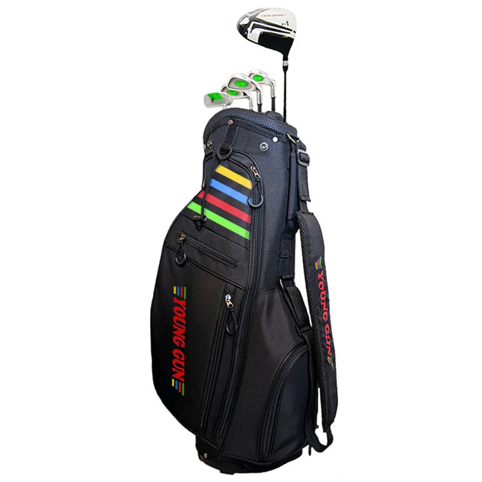 A black Young Club golf bag with colorful striped accents and golf clubs inserted, shown against a plain white background.