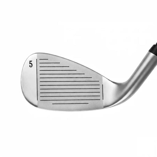 Close-up of a silver metal golf iron club head with engraved line markings and the number 5, shown on a plain white background.