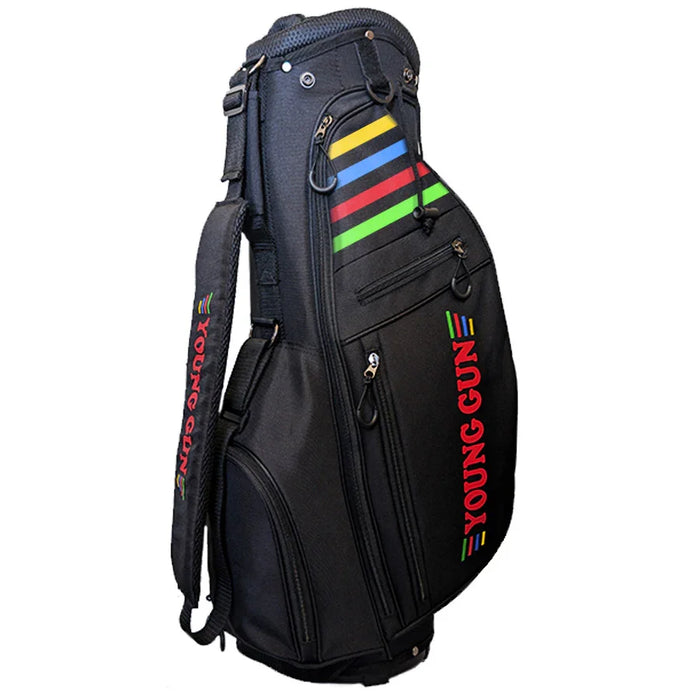 A black golf bag with colorful vertical stripes in yellow, blue, red, and green on the front, featuring 'YOUNG GUN' printed vertically in red and white on the side. The bag is shown against a plain white background.