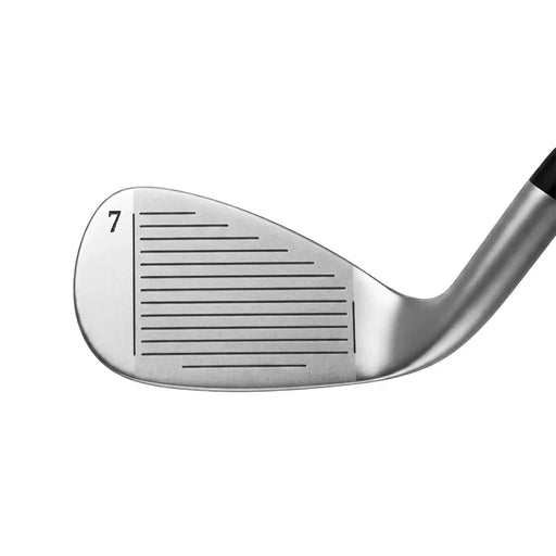 Close-up of a silver metal golf iron club head with the number 7 and engraved line markings, shown against a plain white background.