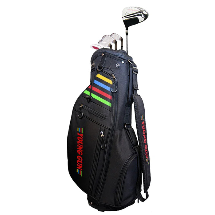 A black Young Club golf bag with colorful rainbow stripe accents and a silver golf club visible inside, set against a plain white background.