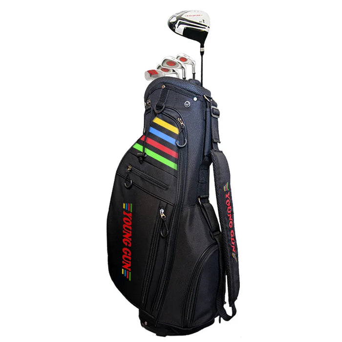 A black golf bag with colorful rainbow stripe accents and 'YOUNG GOLF' branding, shown with golf clubs inserted on a plain white background.