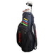 A black golf bag with colorful rainbow stripe accents and 'YOUNG GOLF' branding, shown with golf clubs inserted on a plain white background.