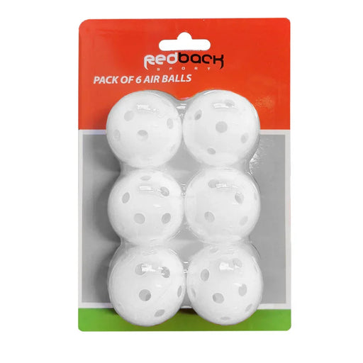 A pack of six white golf balls with air holes, branded by Redback Sport, packaged for retail sale