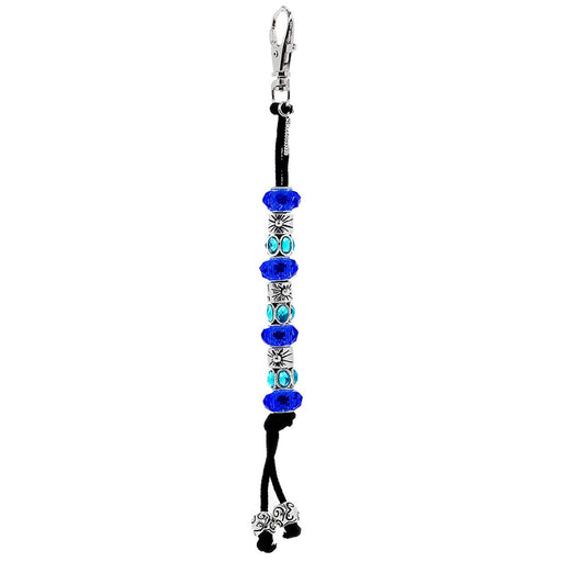 Keychain with blue and clear gemstones on a white background