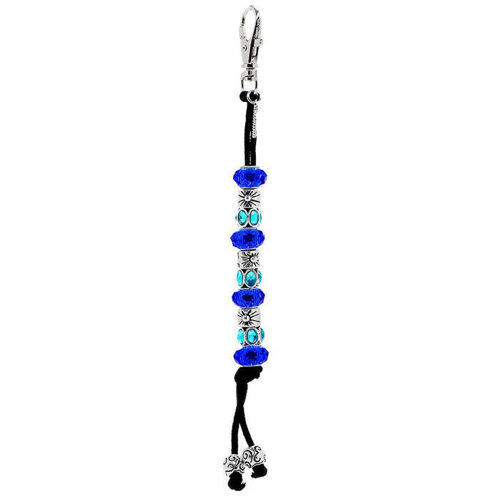 Keychain with blue and clear gemstones on a white background