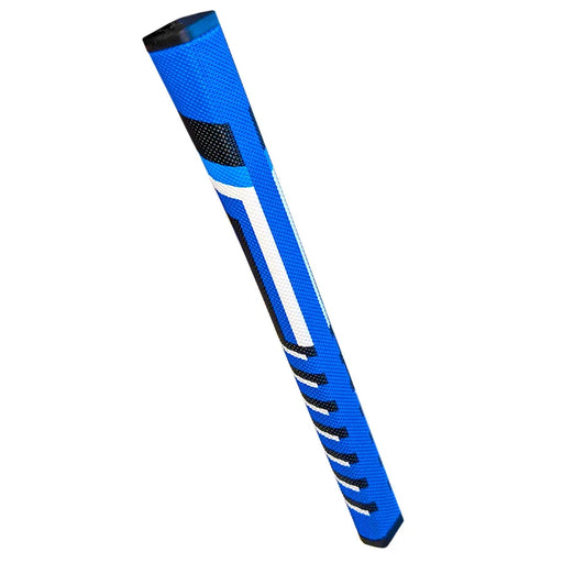 Blue golf club grip with black and white accents on a white background