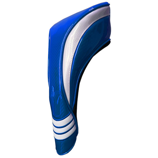 Blue and white golf club head cover on a white background