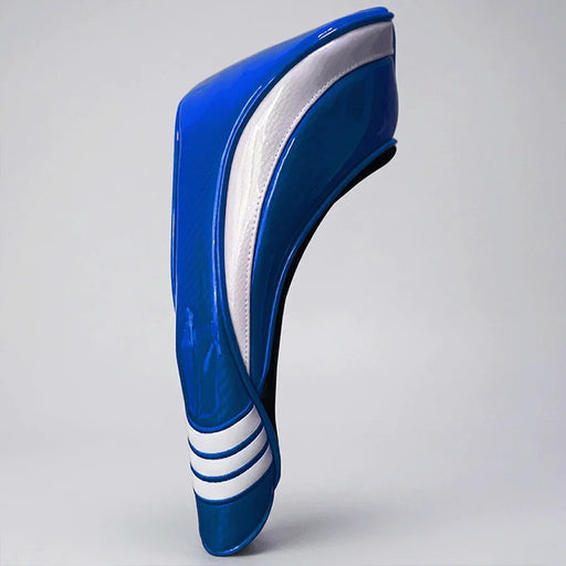Blue and white golf club head cover with carbon fibre texture 