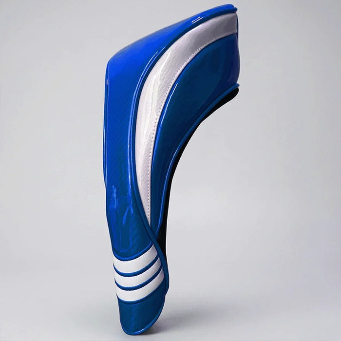 Blue and white golf club head cover with carbon fibre texture 