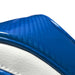 Close-up of a blue and white headcover with a textured carbon surface.