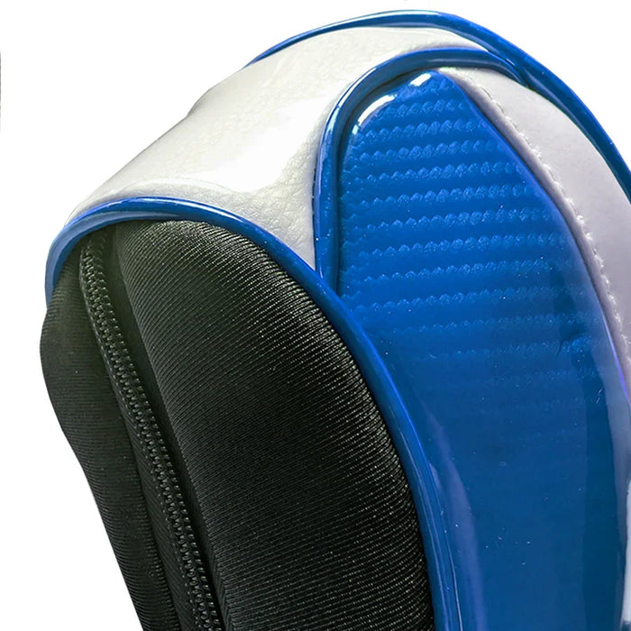 Close-up of a blue and white headcover black sole on a white background