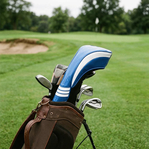 Blue and white golf club head cover with carbon fibre texture in a golf bag on a golf course