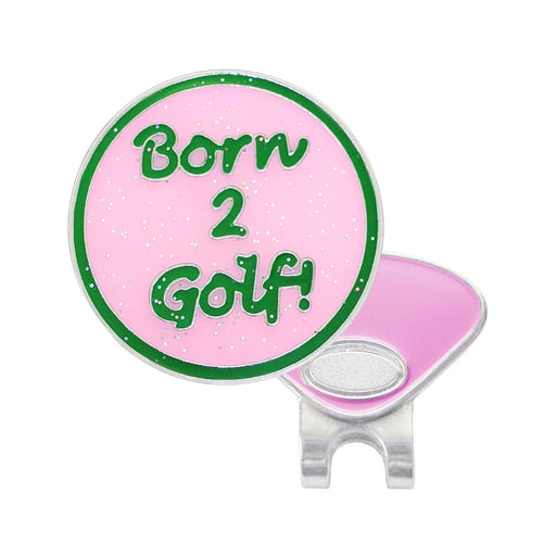 Pink golf ball marker with 'Born 2 Golf!' text on a white background