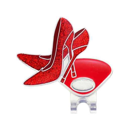 Red glittery shoe Navika golf marker design with a magnetic clip on a white background