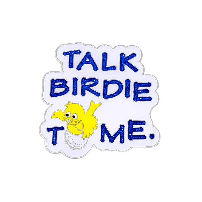 Sticker with a yellow bird and text 'Talk Birdie to Me' on a white background