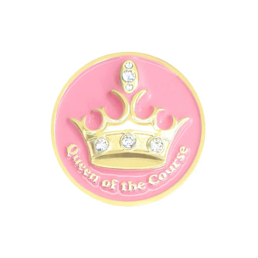 Pink and gold Navika golf marker with a crown design and 'Queen of the Course' text on a white background