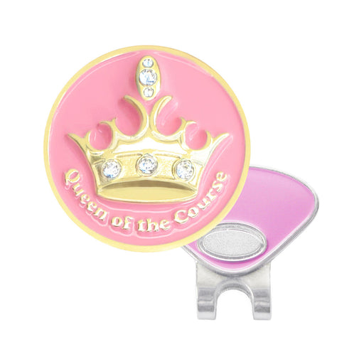 Pink and gold Navika golf marker with 'Queen of the Course' text on a white background