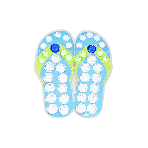 Flip-flop golf marker design with blue and green accents on a white background
