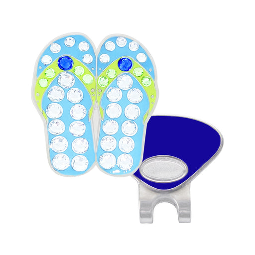Flip-flop Navika golf marker design with blue gemstones and a magnetic ball marker on a white background