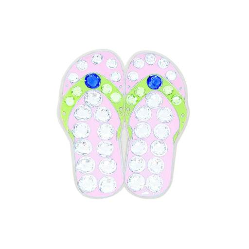 Pink flip-flop Navika golf marker sandals with rhinestones and green soles on a white background
