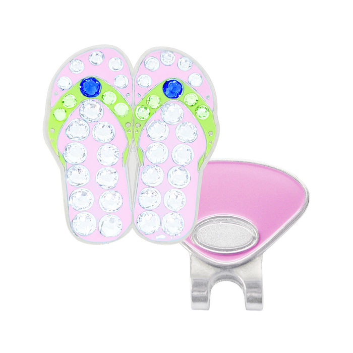 Pink flip-flop-shaped Navika golf marker with crystals and a magnetic clip on a white background