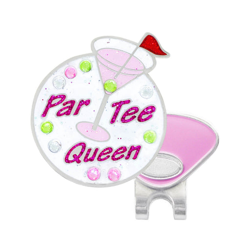 Golf ball marker with cocktail design and 'Par Tee Queen' text on a white background