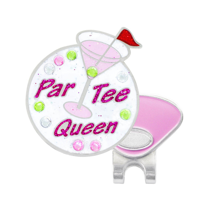 Golf ball marker with cocktail design and 'Par Tee Queen' text on a white background