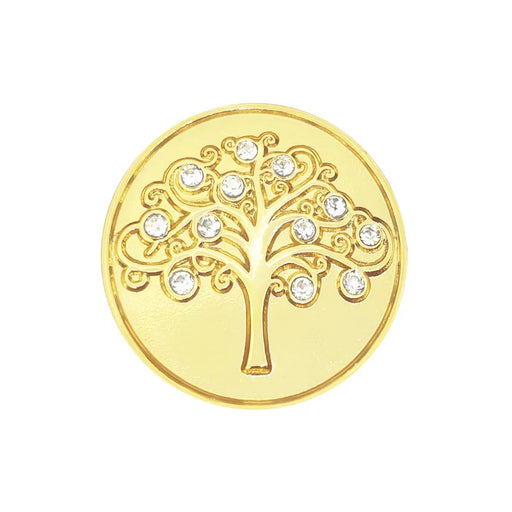 Gold coin Navika golf marker with a tree design and embedded crystals on a white background