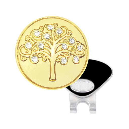 Gold tree-shaped Navika golf marker with embedded crystals and a black and silver clip on a white background