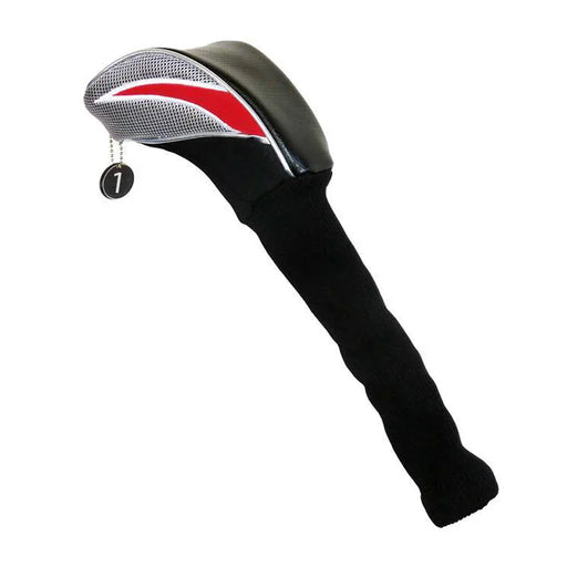 A black driver golf club headcover with red and white accents and silver mesh.