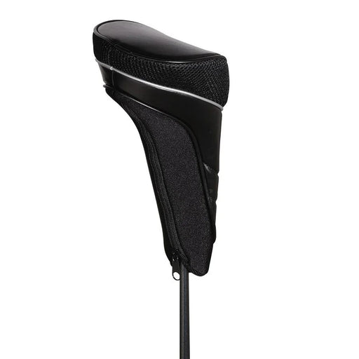 Black driver golf club head cover with premium materials on a white background