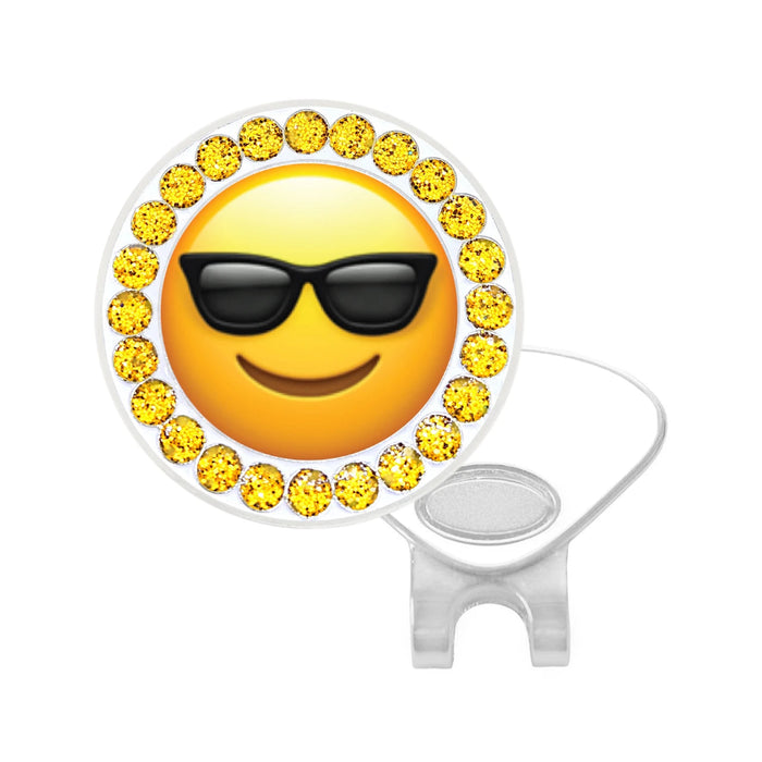 EMOJI SUNGLASSES WITH GOLD GLITZY EDGES BALL MARKER INCLUDES HAT CLIP
