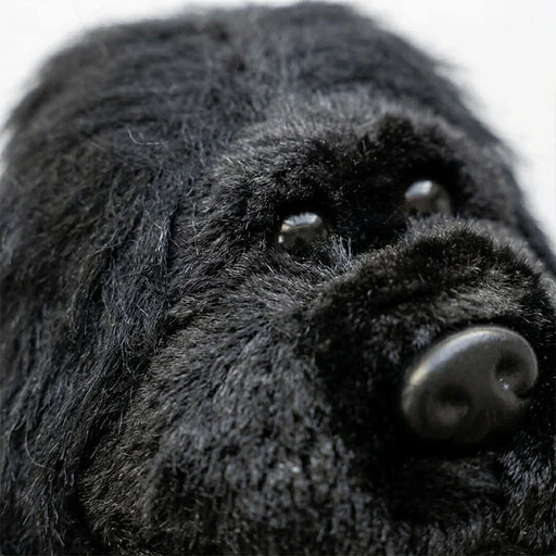 Close-up of a black plush gorilla headcover with a blurred background