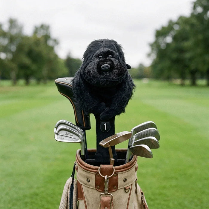 Black gorilla headcover on a golf club with a golf bag on a golf course