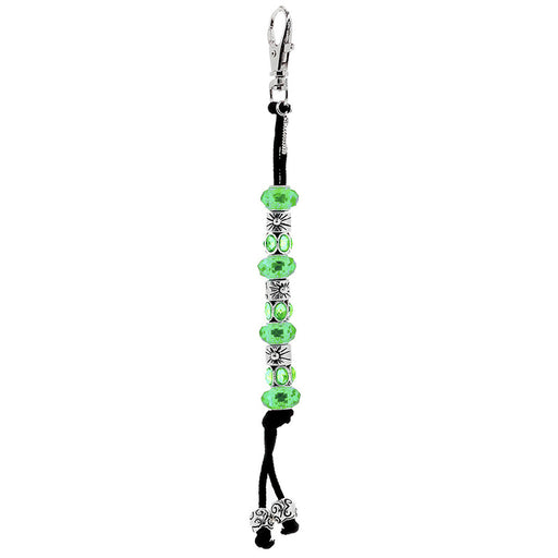 Green beaded keychain with a clasp on a white background