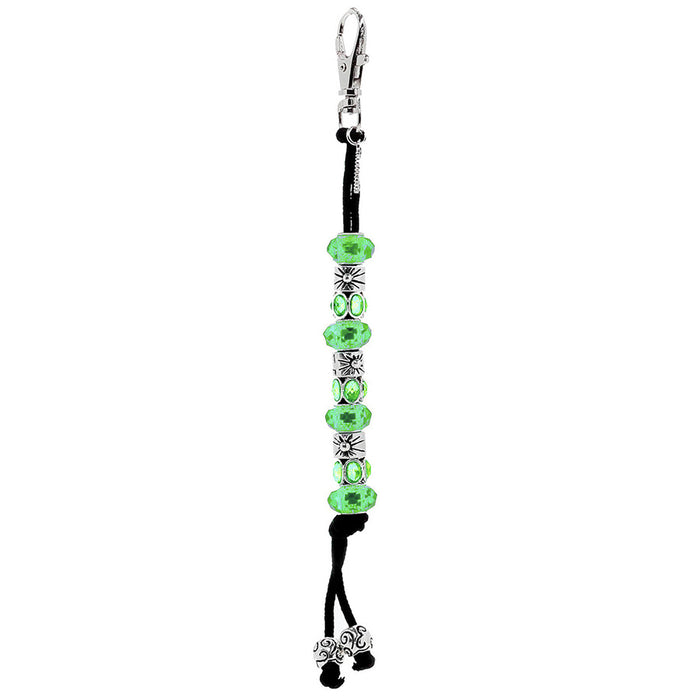 Green beaded keychain with a clasp on a white background