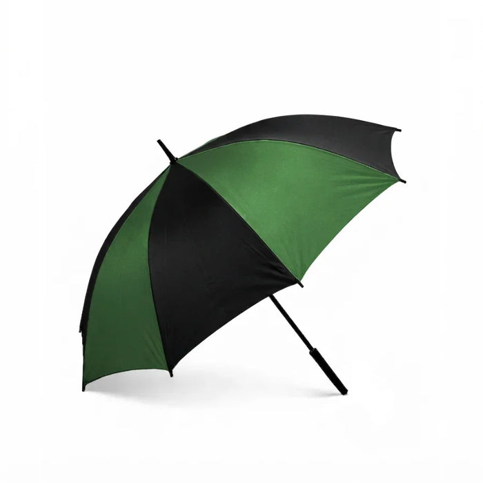 A large open golf umbrella with alternating green and black panels, shown on a clean white background.