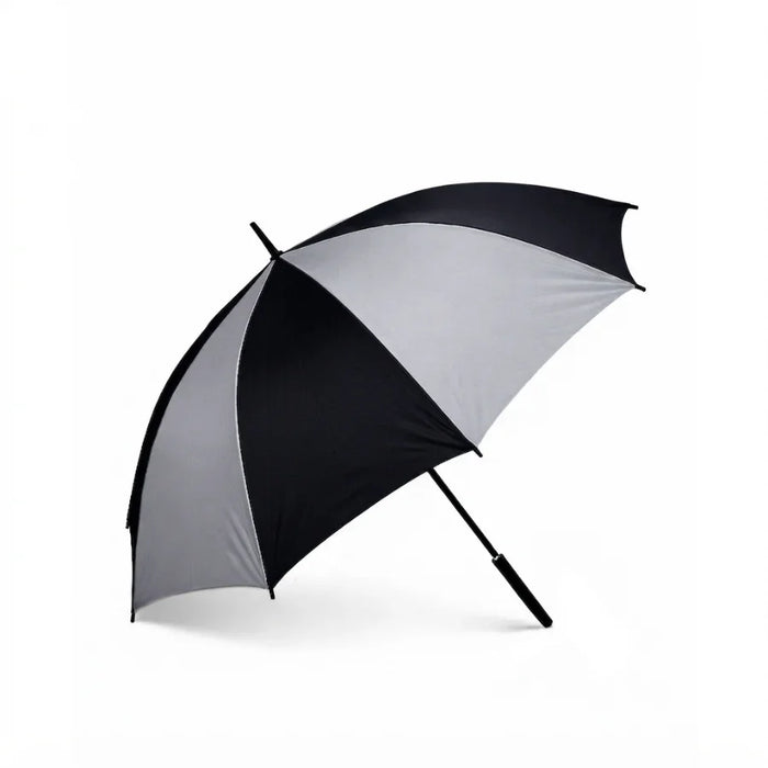 A black and silver two-tone golf umbrella with a black handle, shown open against a plain white background.