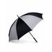 A black and silver two-tone golf umbrella with a black handle, shown open against a plain white background.