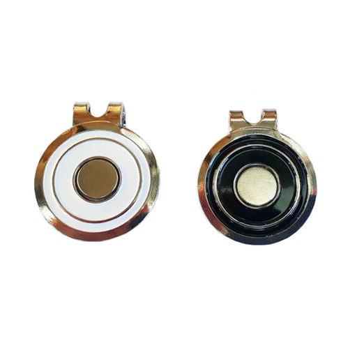 Two magnetic hat clips, one with a chrome finish and the other with a black and white design, both with a magnetic closure.