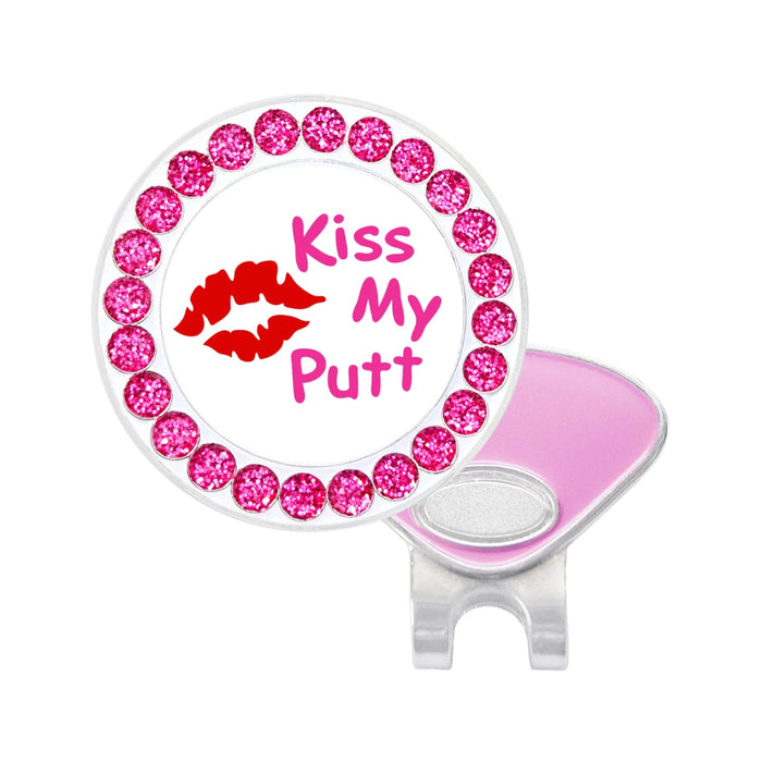 KISS MY PUTT BALL MARKER WITH PINK CRYSTALS WITH PINK/SILVER HAT CLIP
