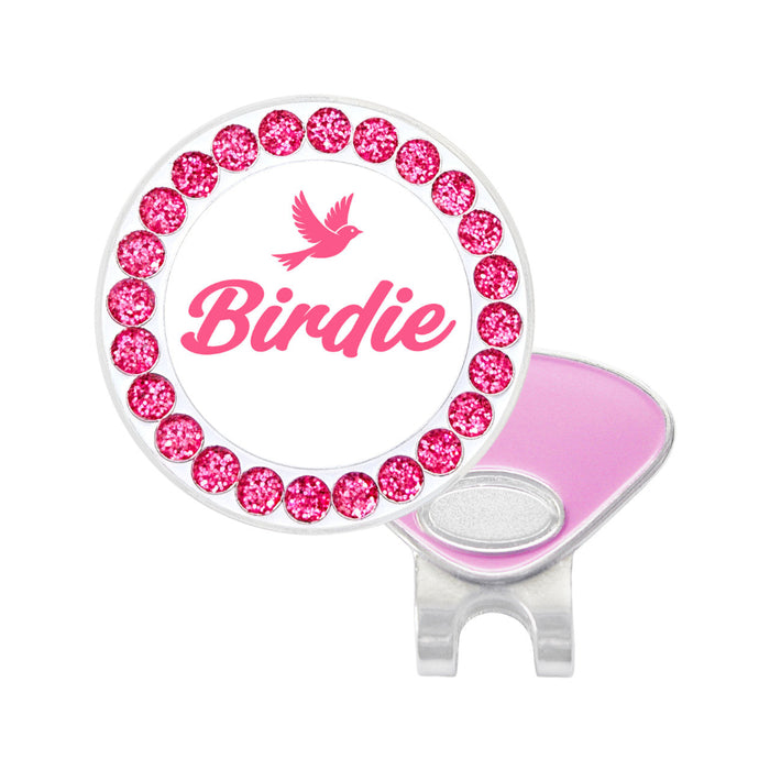 Golf ball marker with pink glittery design and 'Birdie' text on a white background