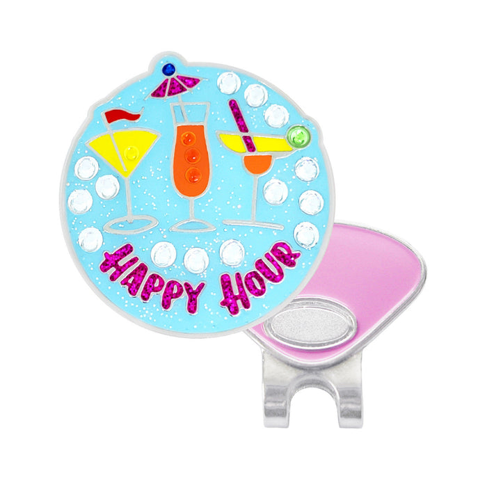 Colorful golf ball marker with cocktail design and 'Happy Hour' text on a white background
