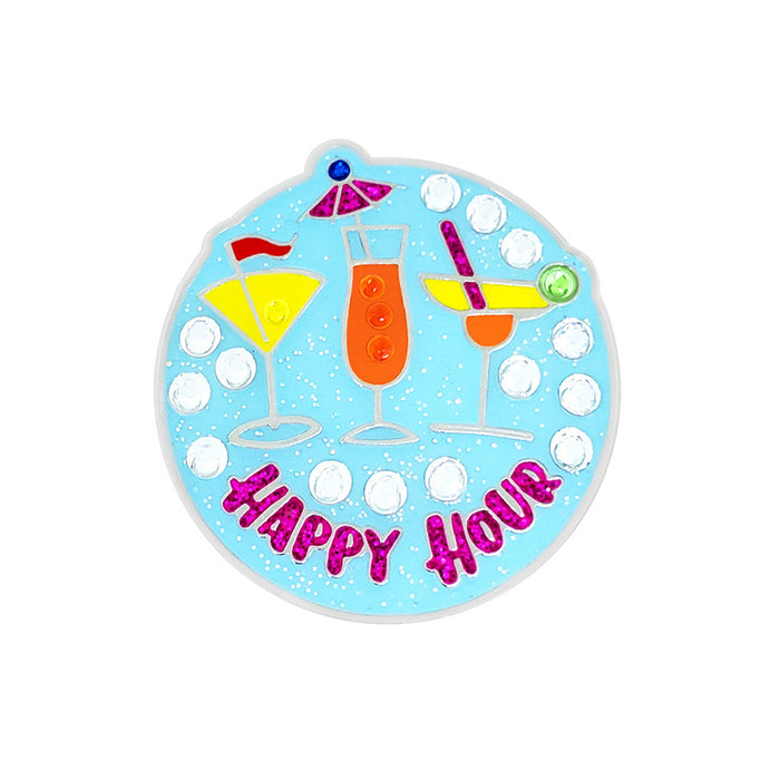 Round coaster with cocktail illustrations and 'Happy Hour' text on a light blue background