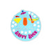 Round coaster with cocktail illustrations and 'Happy Hour' text on a light blue background