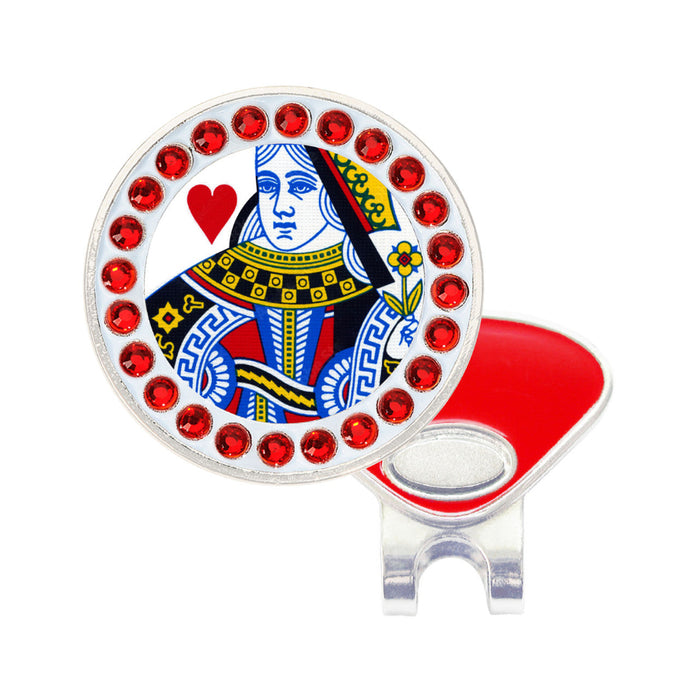 Golf ball marker with Queen of Hearts design and red gemstones on a white background