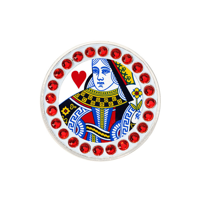 Circular object with a Queen of Hearts playing card design and red gemstones on a white background