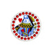 Circular object with a Queen of Hearts playing card design and red gemstones on a white background